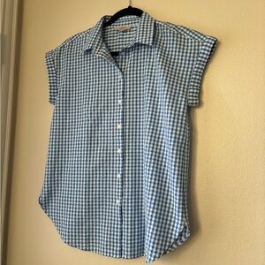 Women’s Loft  XS Long Tunic Top Button Down Shirt Blue And White Checkered